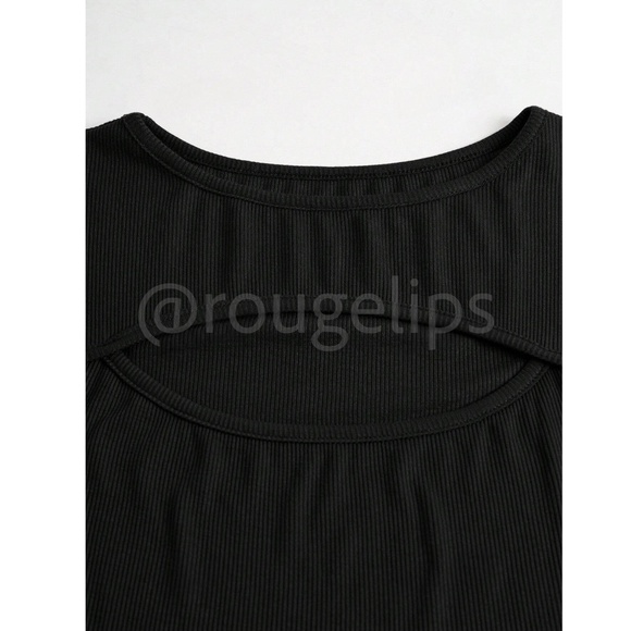 Black Rib-Knit Cutout Long Sleeve Fitted Tee Shirt Top - Picture 5 of 9